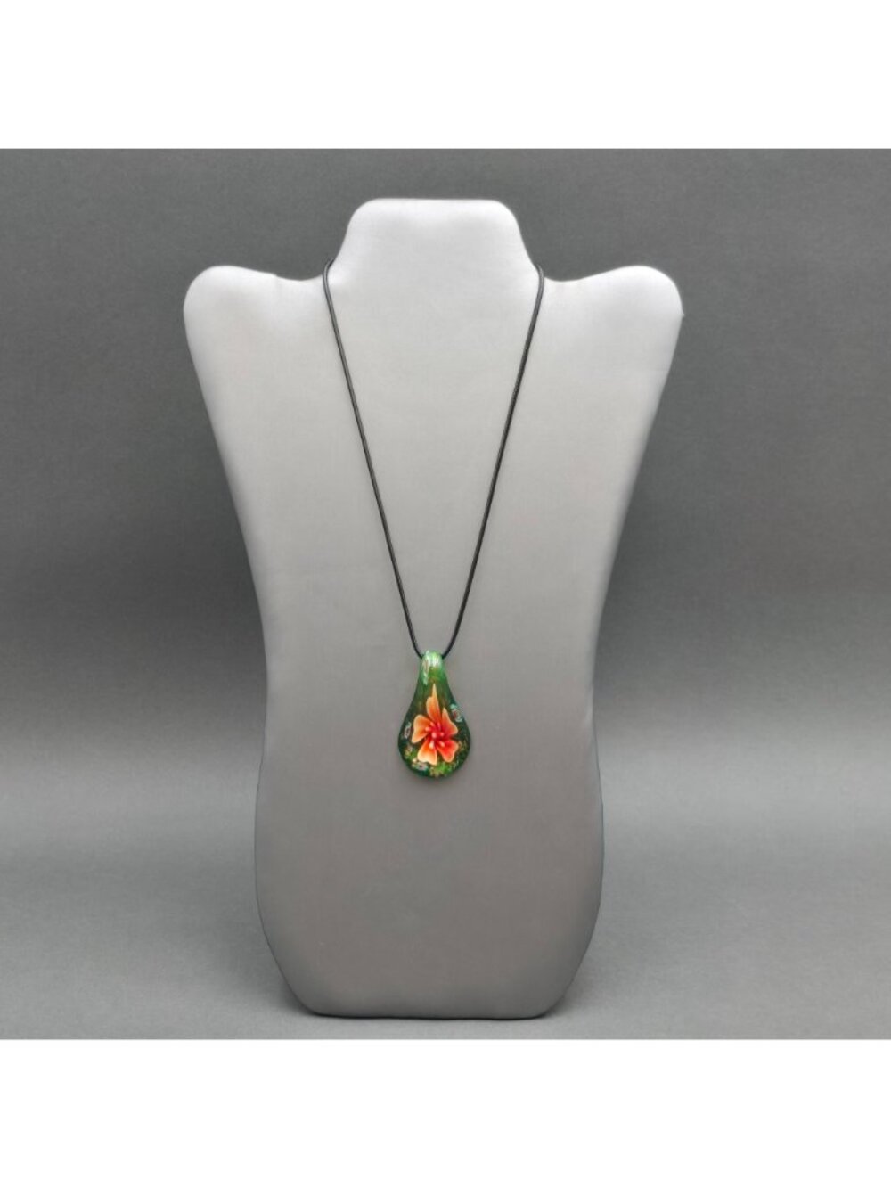 Artisan Glass Teardrop Pendant Necklace Orange Floral Millefiori Gold Foil - Picture 2 of 16